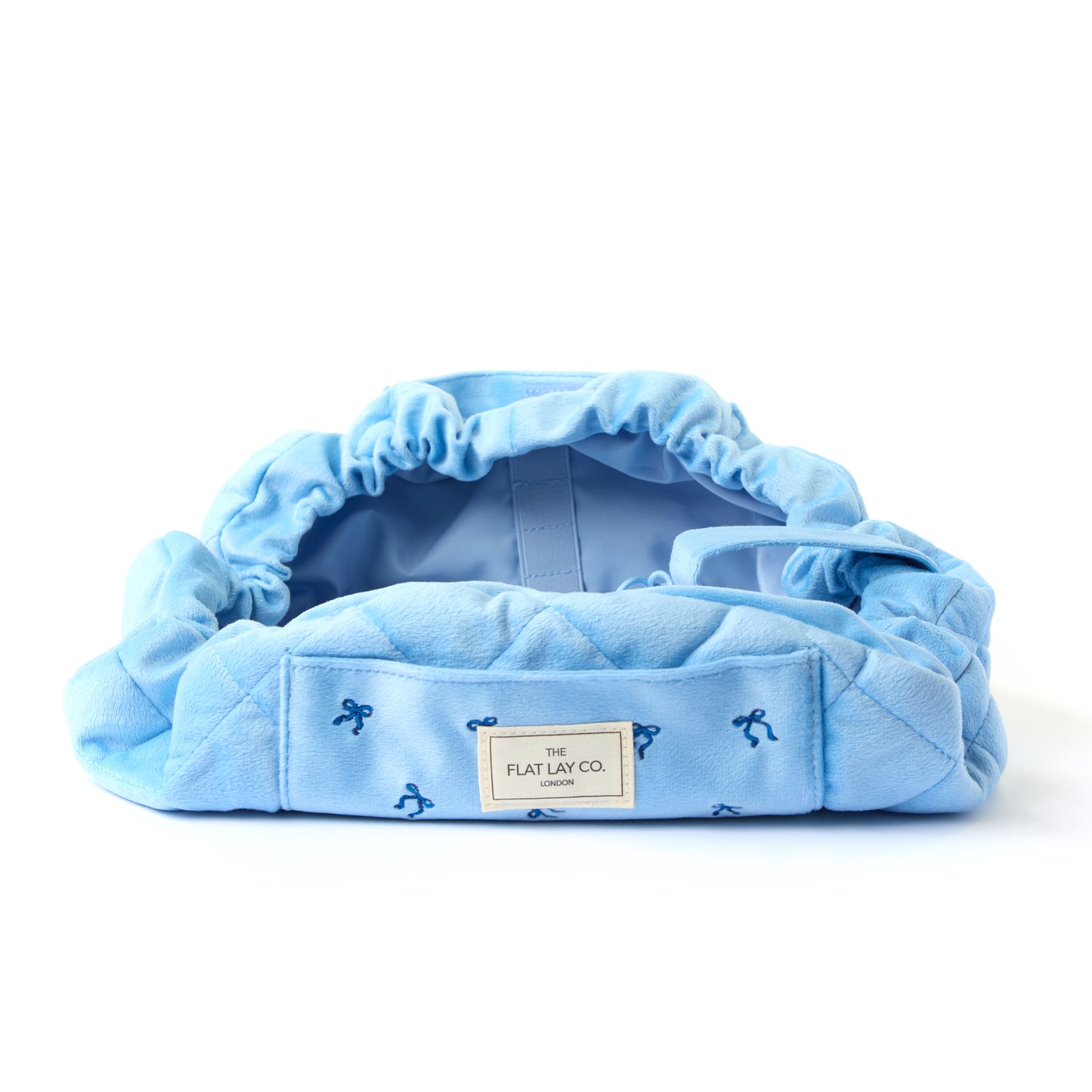 Drawstring Flat Lay Makeup Bag - Ditsy Bows Blue Embroidered Velvet