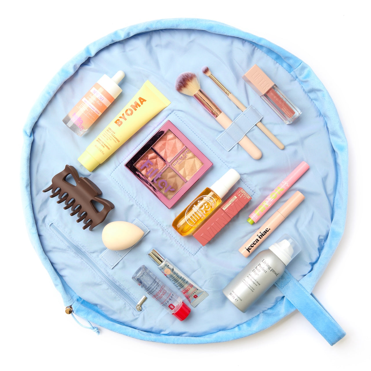 Drawstring Flat Lay Makeup Bag - Ditsy Bows Blue Embroidered Velvet