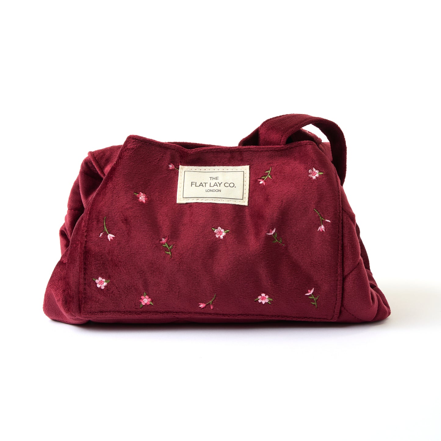 Drawstring Flat Lay Makeup Bag - Ditsy Roses Burgundy Embroidered Velvet