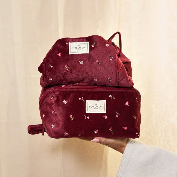 Drawstring Kosmetiktasche - Bordeaux Ditsy-Rosen Samt