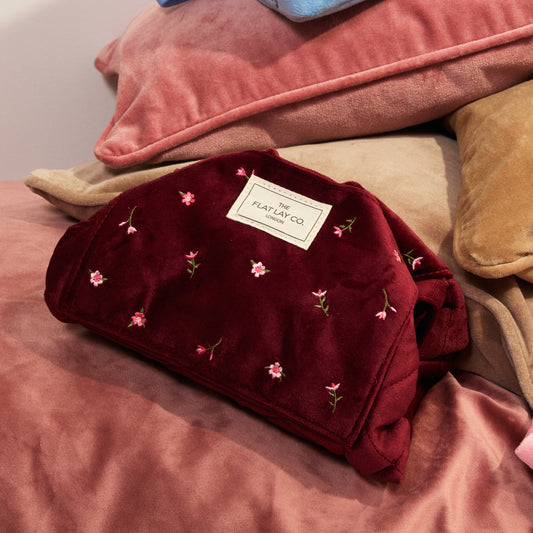 Drawstring Kosmetiktasche - Bordeaux Ditsy-Rosen Samt