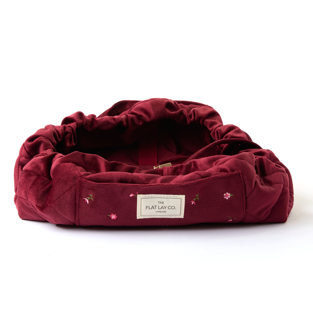 Drawstring Kosmetiktasche - Bordeaux Ditsy-Rosen Samt