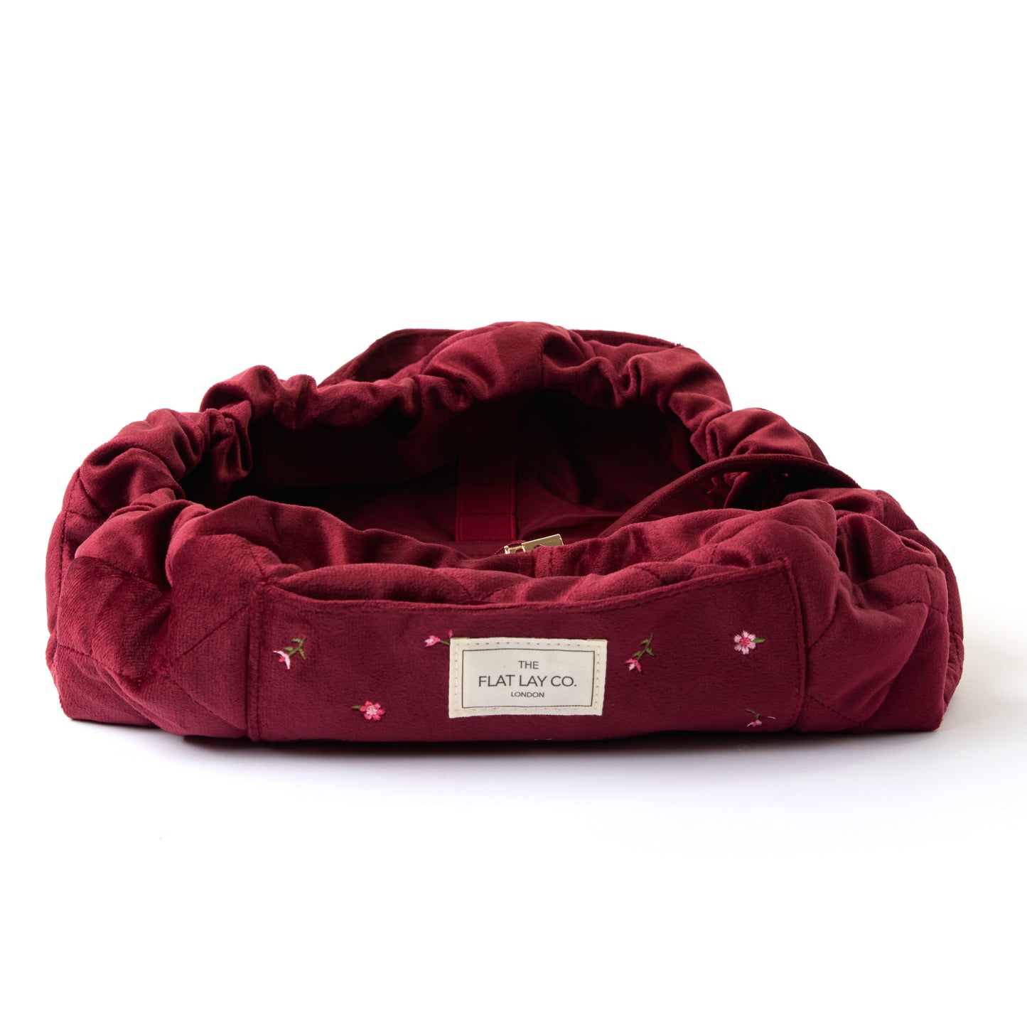 Drawstring Flat Lay Makeup Bag - Ditsy Roses Burgundy Embroidered Velvet