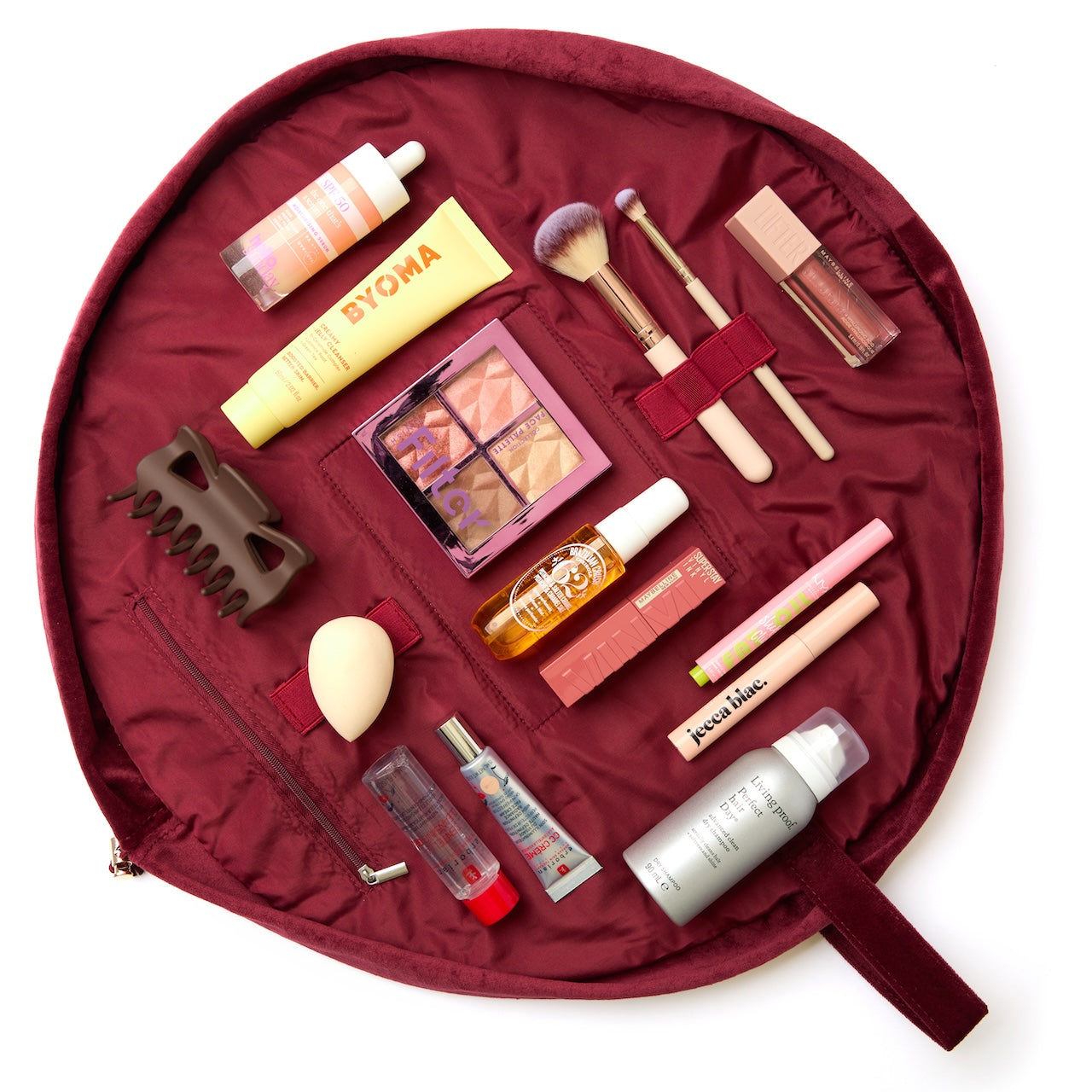 Drawstring Flat Lay Makeup Bag - Ditsy Roses Burgundy Embroidered Velvet