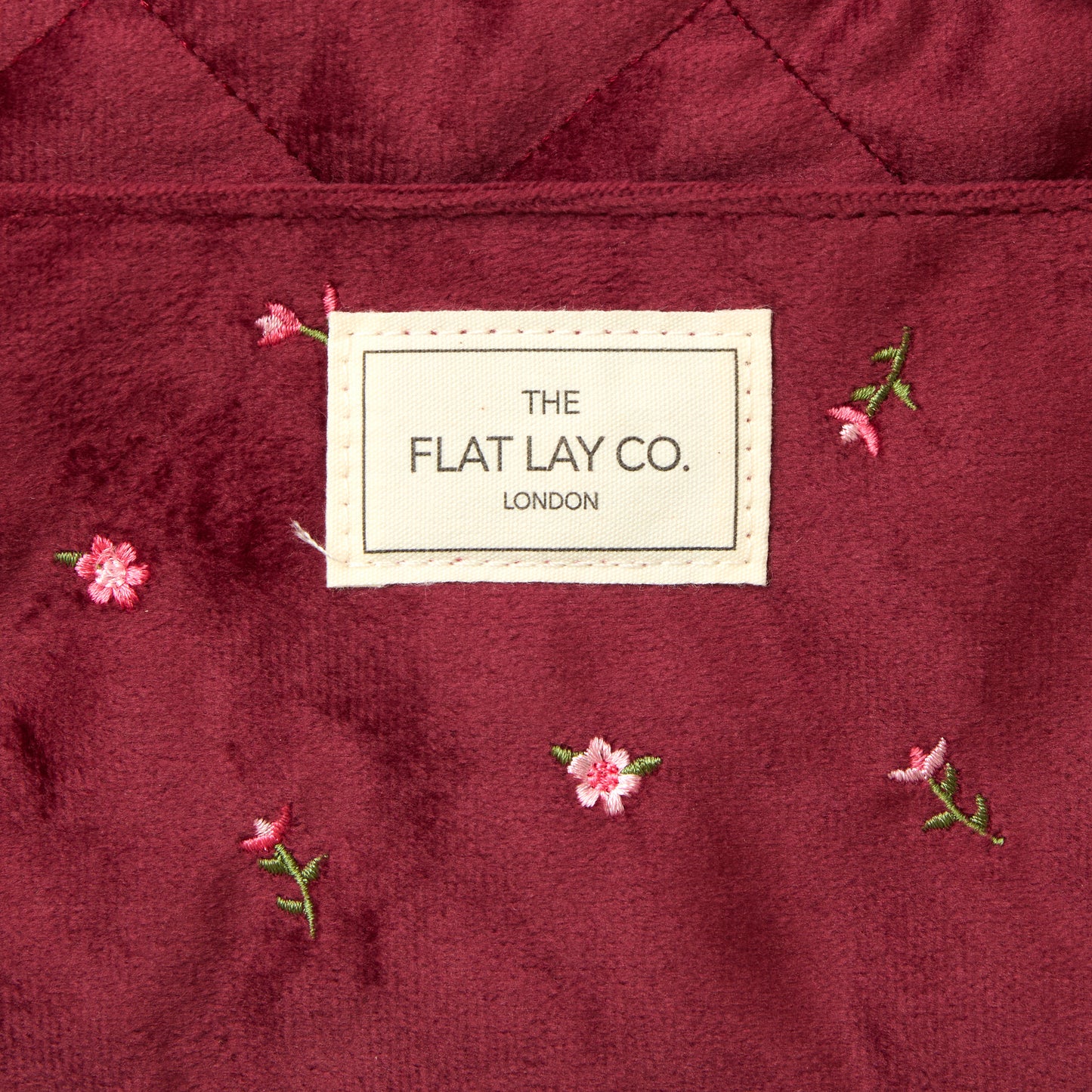 Drawstring Flat Lay Makeup Bag - Ditsy Roses Burgundy Embroidered Velvet