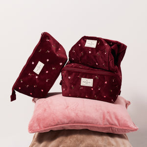 Box-Form Kosmetiktasche - Bordeaux Ditsy-Rosen Samt
