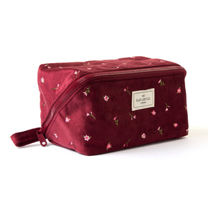 Box-Form Kosmetiktasche - Bordeaux Ditsy-Rosen Samt