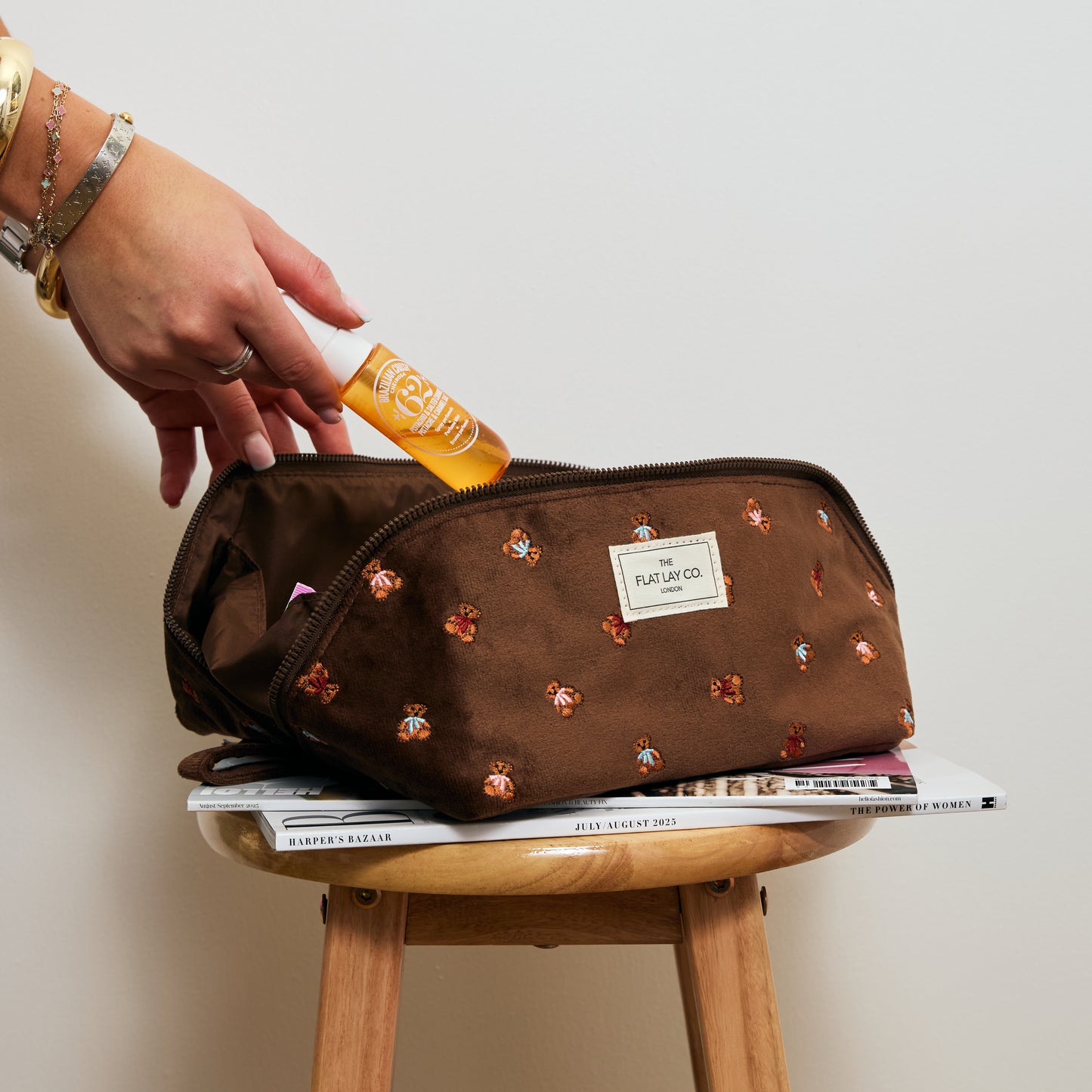 Flat Lay Makeup Box Bag - Ditsy Bears Brown Embroidered Velvet