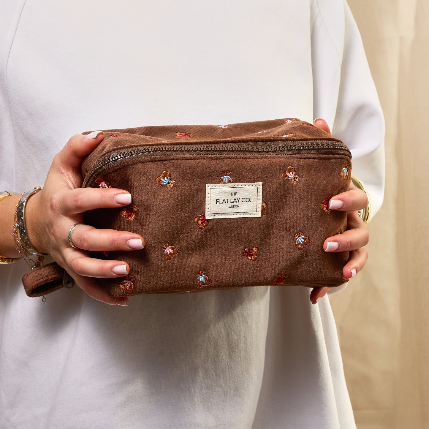 Flat Lay Makeup Box Bag - Ditsy Bears Brown Embroidered Velvet