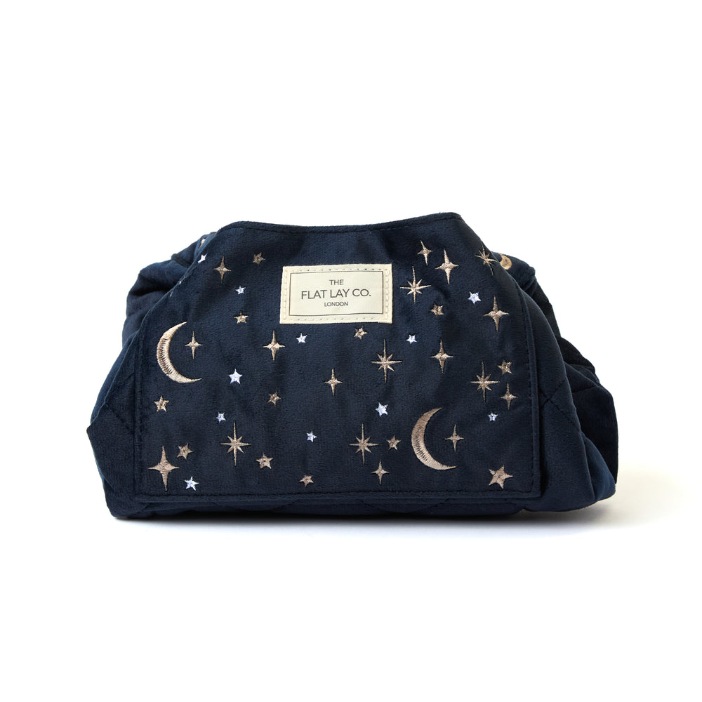 Drawstring Kosmetiktasche - Bestickter himmelblauer Samt