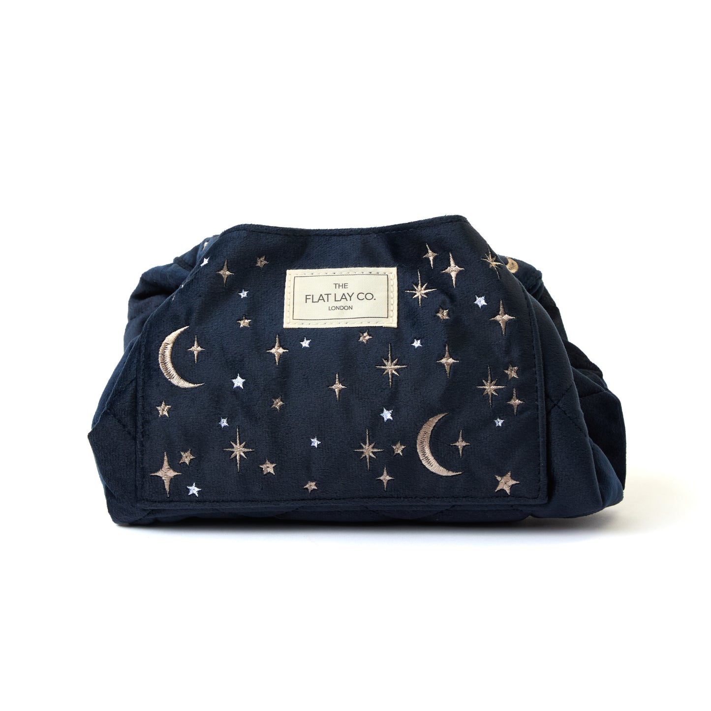 Drawstring Flat Lay Makeup Bag - Celestial Blue Embroidered Velvet