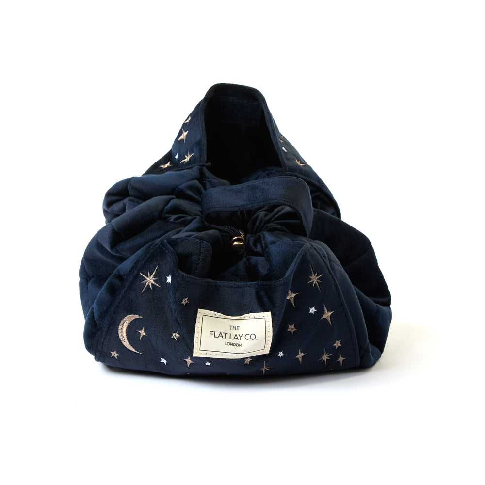 Drawstring Kosmetiktasche - Bestickter himmelblauer Samt