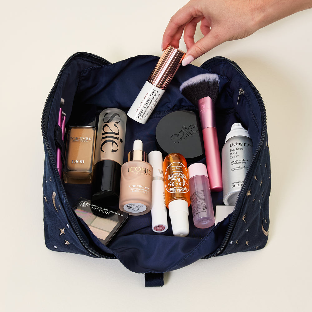 Box-Form Kosmetiktasche -  Bestickter himmelblauer Samt