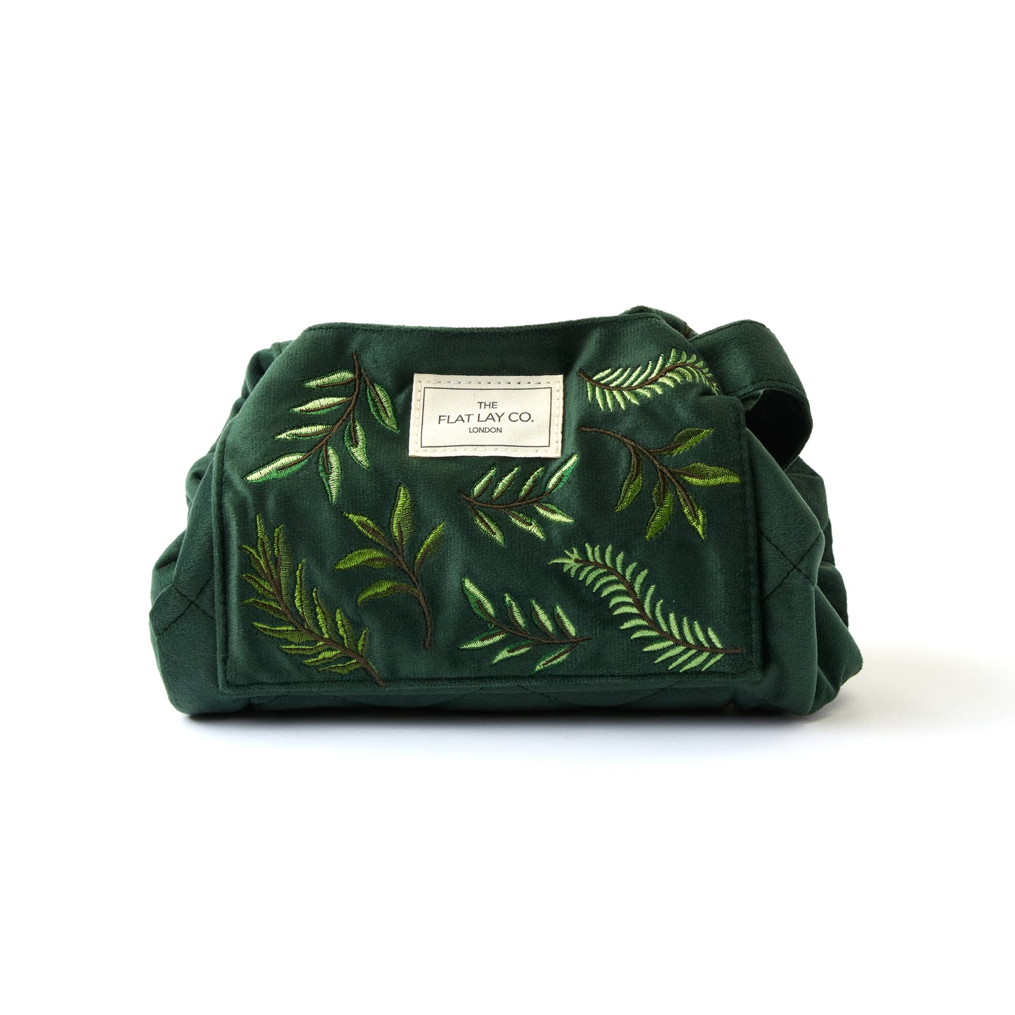 Drawstring Flat Lay Makeup Bag - Green Leaves Embroidered Velvet