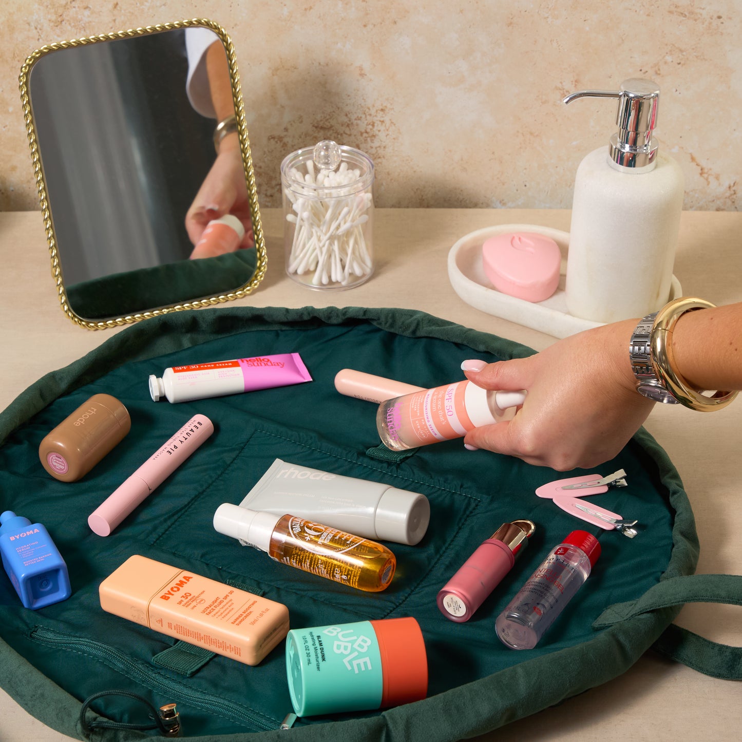 Drawstring Flat Lay Makeup Bag - Green Leaves Embroidered Velvet