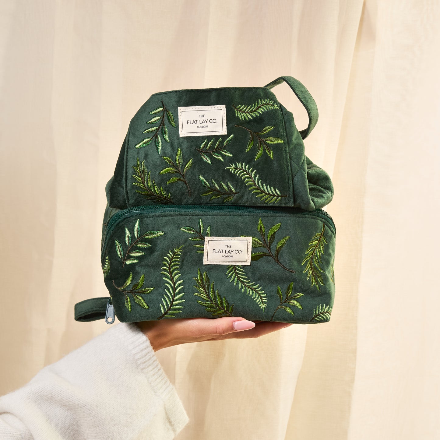 Drawstring Flat Lay Makeup Bag - Green Leaves Embroidered Velvet