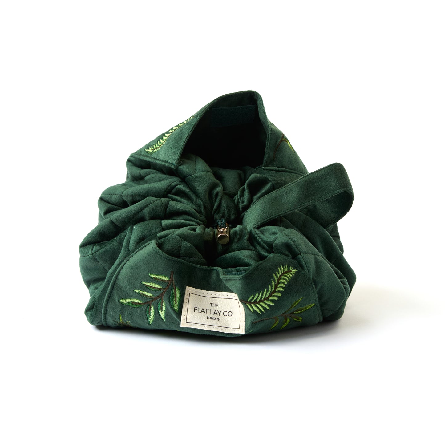 Drawstring Flat Lay Makeup Bag - Green Leaves Embroidered Velvet