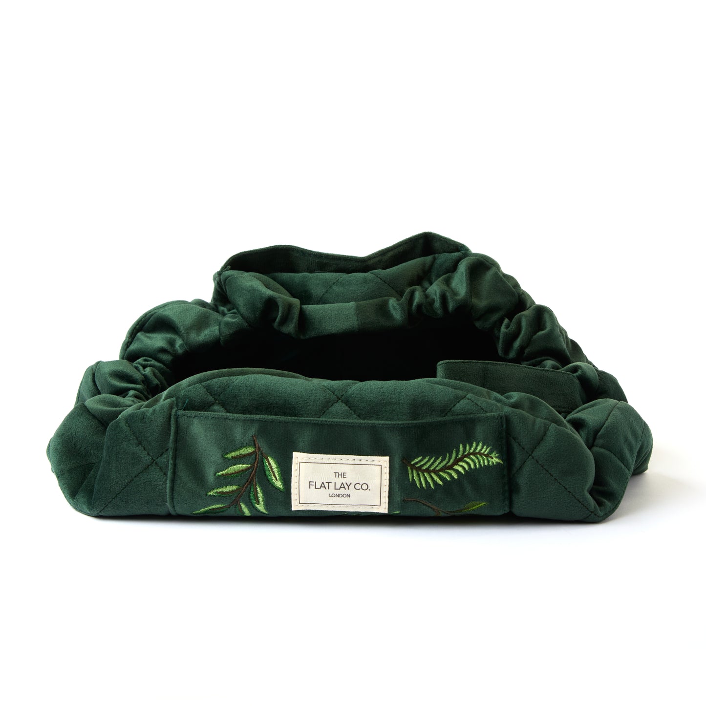 Drawstring Flat Lay Makeup Bag - Green Leaves Embroidered Velvet