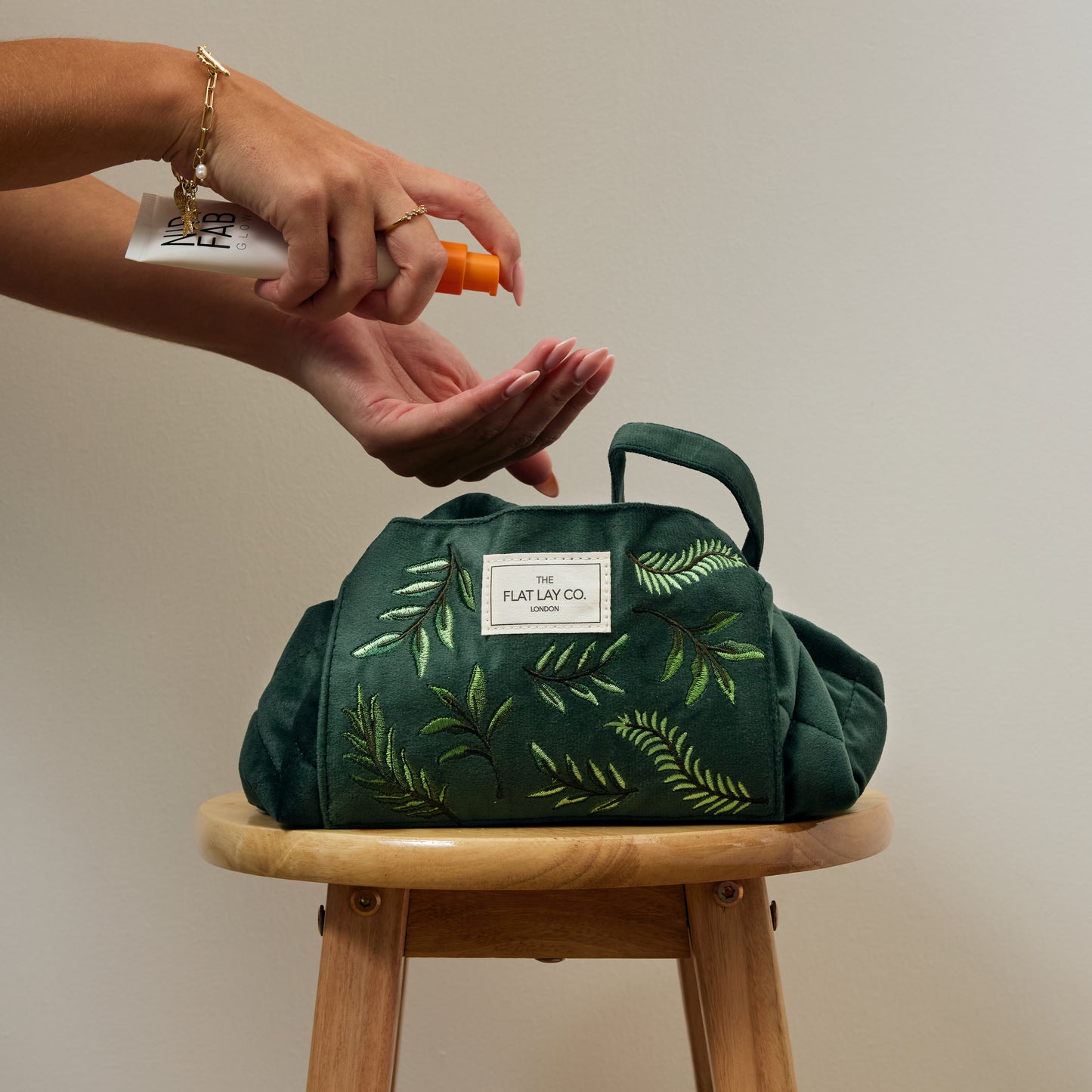 Drawstring Flat Lay Makeup Bag - Green Leaves Embroidered Velvet