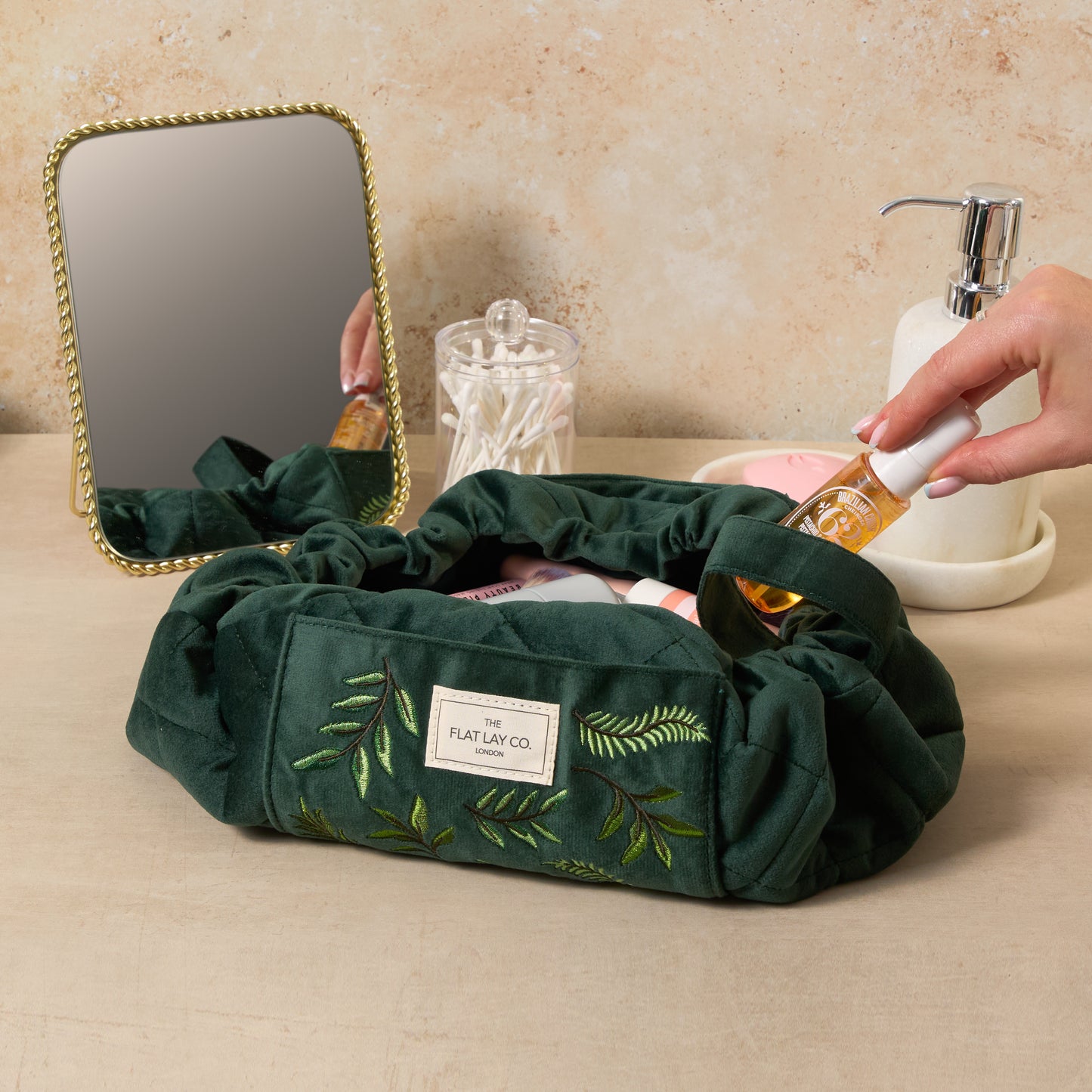 Drawstring Flat Lay Makeup Bag - Green Leaves Embroidered Velvet