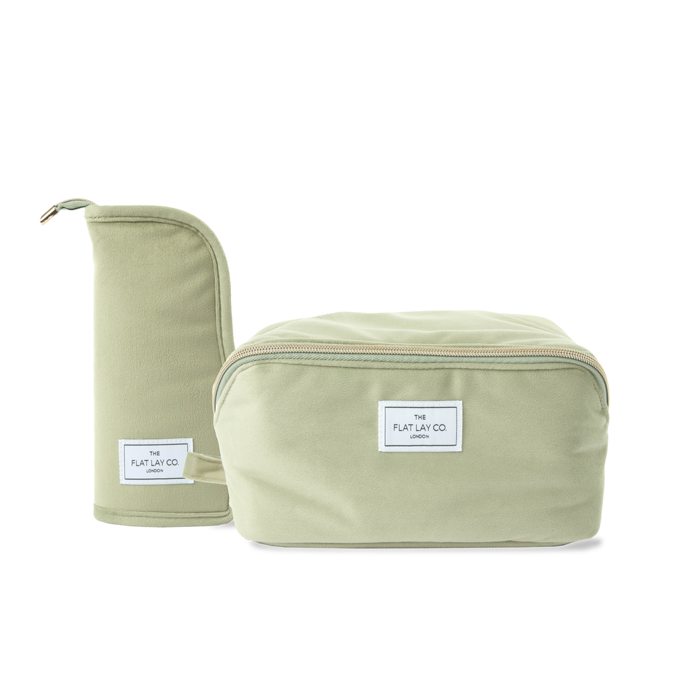 Box Bag & Pinsel-Case Set - Salbeigrüner Samt