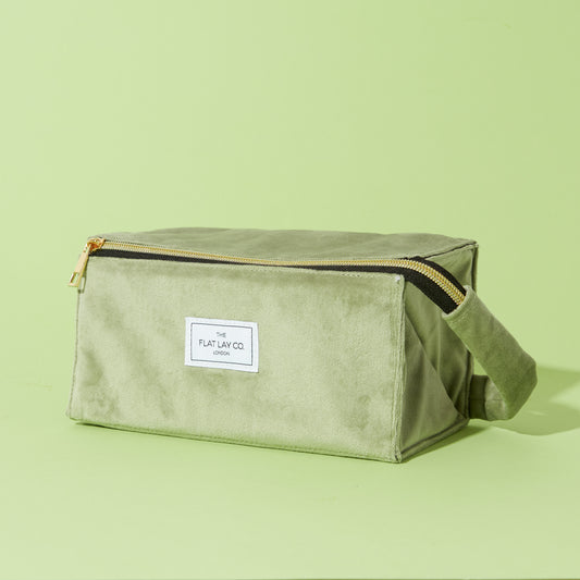 Sage Green Velvet Flat Lay Makeup Box Bag