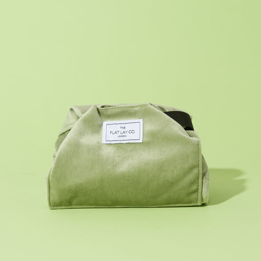 Sage Green Velvet Drawstring Flat Lay Makeup Bag