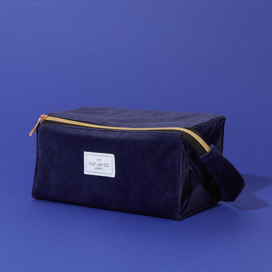 Blue Velvet Drawstring Flat Lay Makeup Bag
